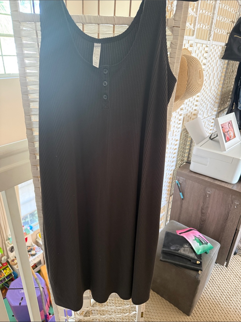 Cacique Black Ribbed Tank Midi sleep dress with Button Placket and pockets.